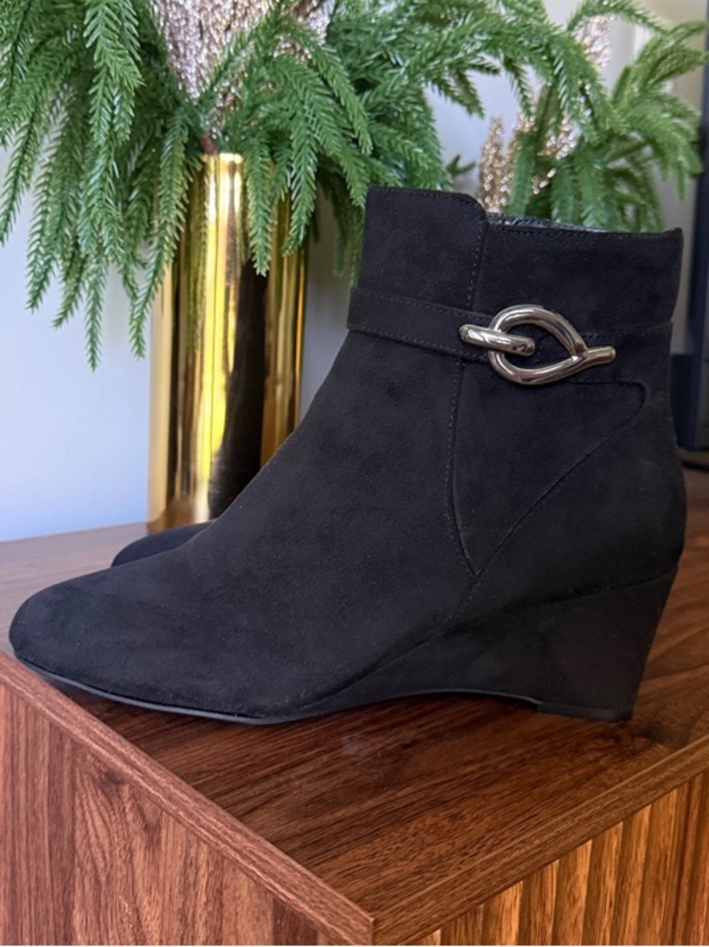 Impo Black Suede Wedge Ankle Boots with Silver Buckle